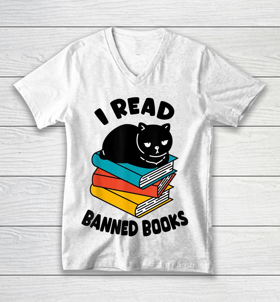 I Read Banned Books T-Shirt Black Cat Reader Bookworm Women Unisex V-Neck T-Shirt