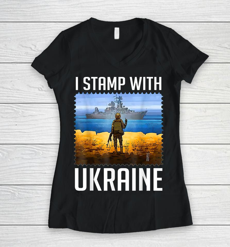 I Stamp With Ukraine Postage Stamp Flag Pride Women V-Neck T-Shirt