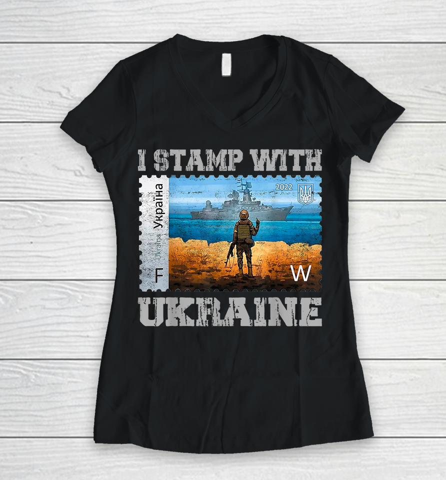 I Stamp With Ukraine Vintage Postage Stamp Flag Pride Women V-Neck T-Shirt
