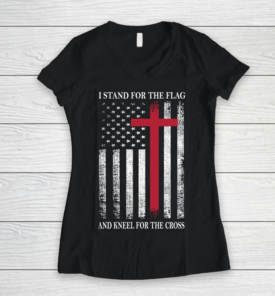 I Stand For The Flag And Kneel For The Cross Shirt Usa Flag Women V-Neck T-Shirt