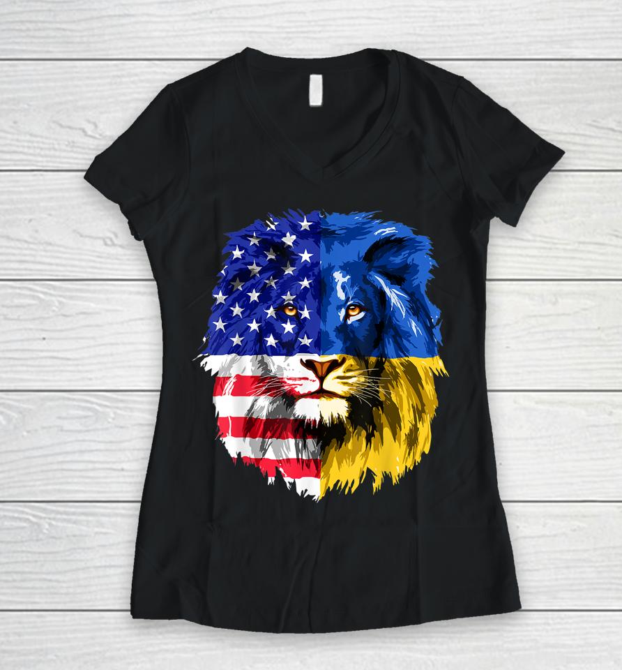 I Stand With Ukraine American Usa Flag Support Ukrainian Women V-Neck T-Shirt