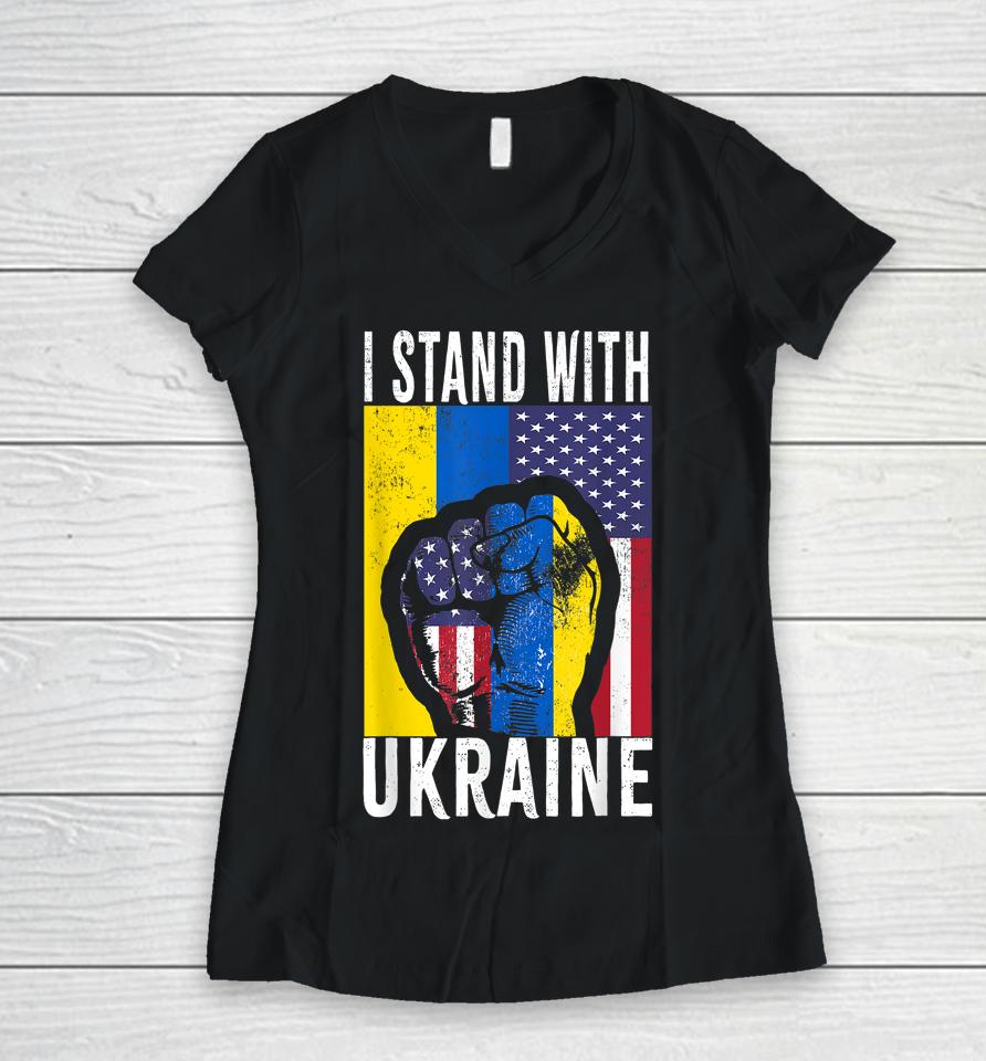 I Stand With Ukraine Flag American Flag Support Ukraine Women V-Neck T-Shirt