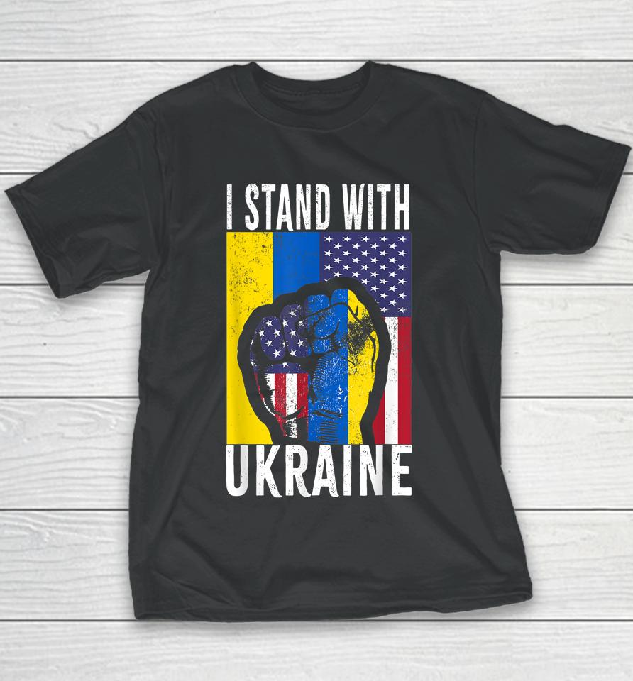 I Stand With Ukraine Flag American Flag Support Ukraine Youth T-Shirt