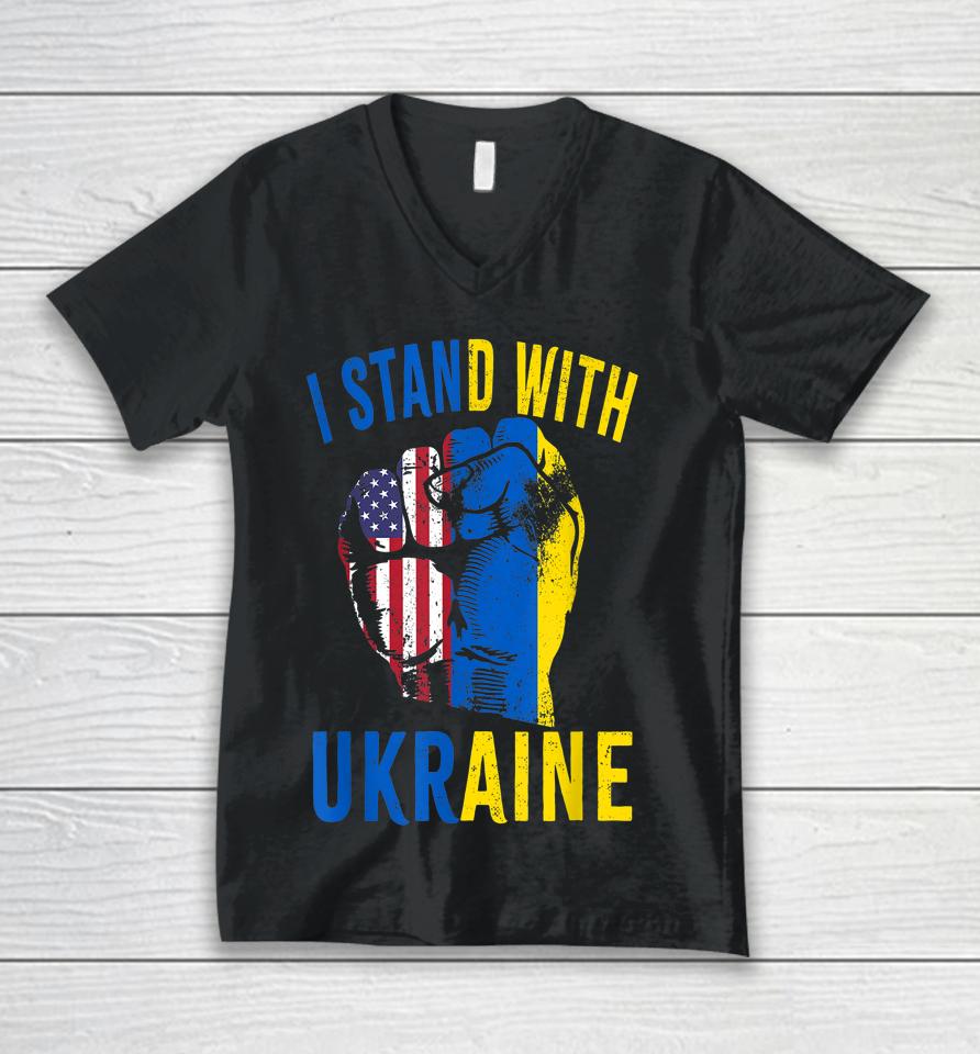 I Stand With Ukraine Flag American Flag Support Ukraine Unisex V-Neck T-Shirt