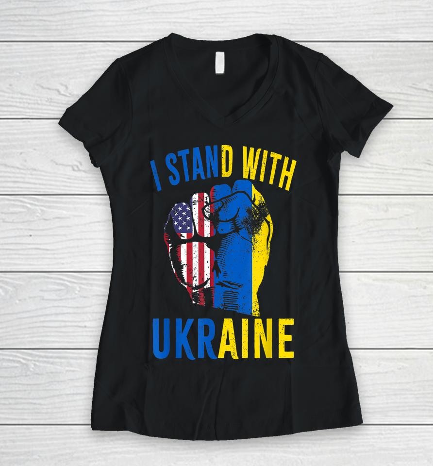 I Stand With Ukraine Flag American Flag Support Ukraine Women V-Neck T-Shirt