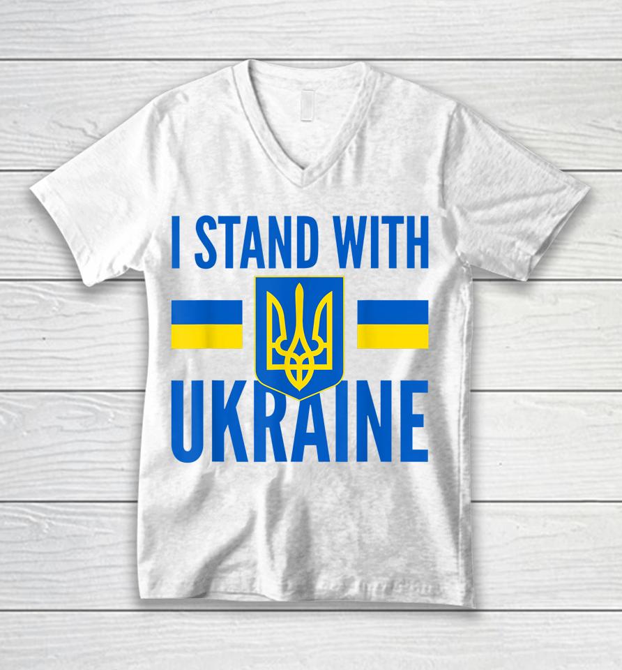I Stand With Ukraine Flag Golden Trident Coat Of Arm Support Unisex V-Neck T-Shirt