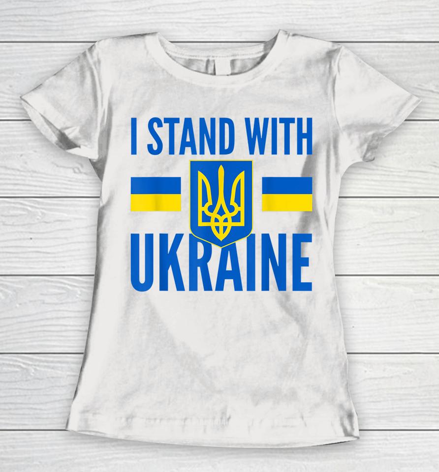 I Stand With Ukraine Flag Golden Trident Coat Of Arm Support Women T-Shirt