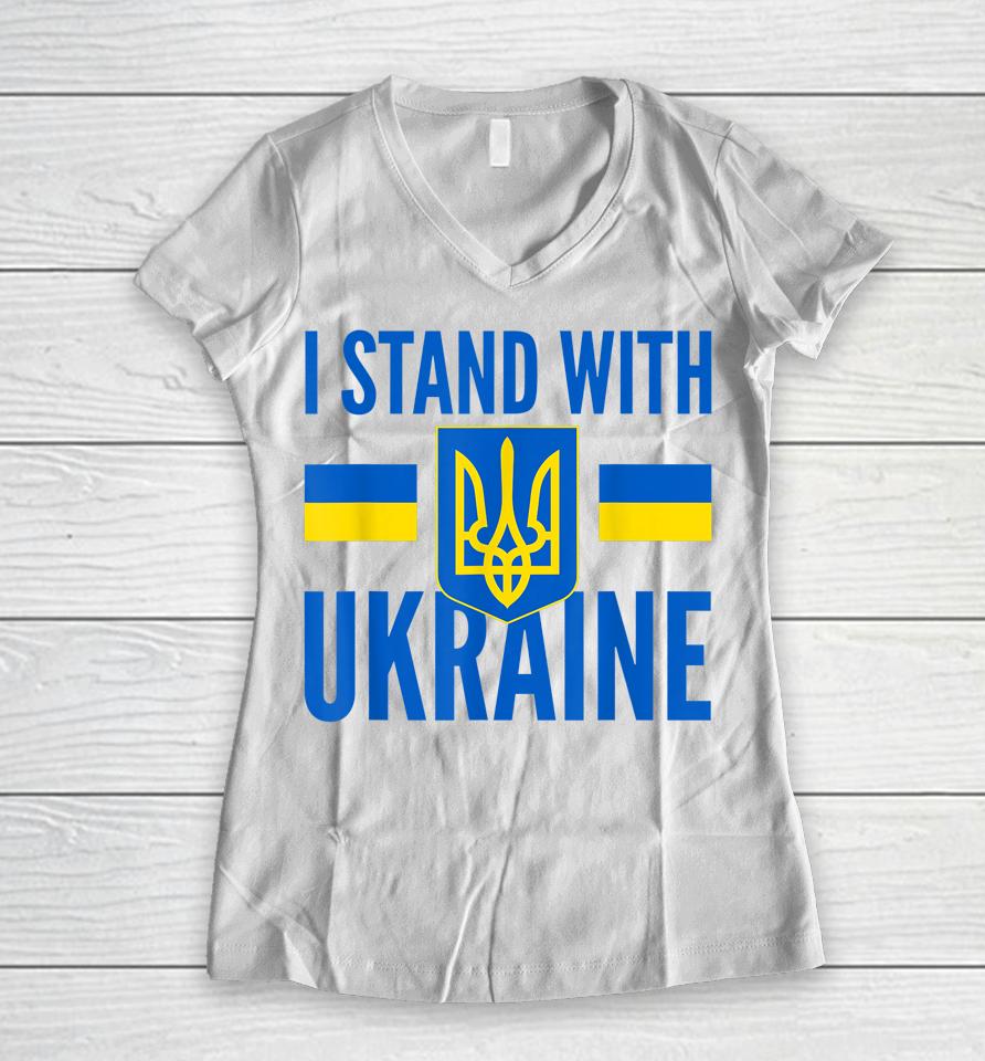 I Stand With Ukraine Flag Golden Trident Coat Of Arm Support Women V-Neck T-Shirt