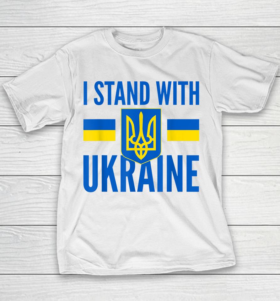 I Stand With Ukraine Flag Golden Trident Coat Of Arm Support Youth T-Shirt