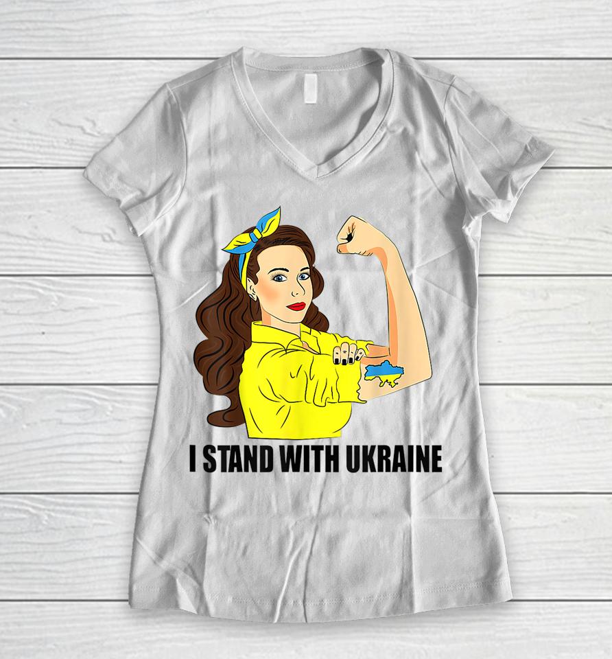 I Stand With Ukraine Power Girl Ukraininans Supporter Women V-Neck T-Shirt