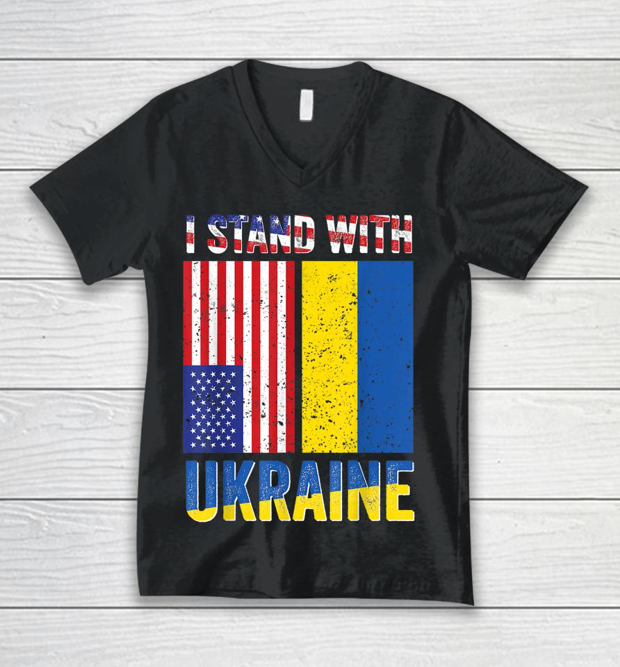 I Stand With Ukraine Support Ukrainian American Usa Flag Unisex V-Neck T-Shirt