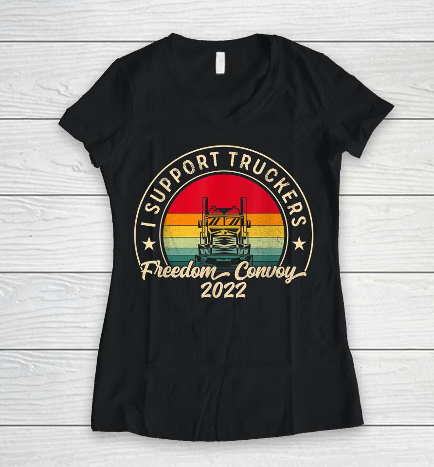 I Support Truckers Canada Usa Freedom Convoy 2022 Vintage Women V-Neck T-Shirt