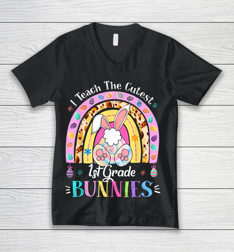 I Teach The Cutest 1St Grade Bunnies Teacher Easter Day Unisex V-Neck T-Shirt