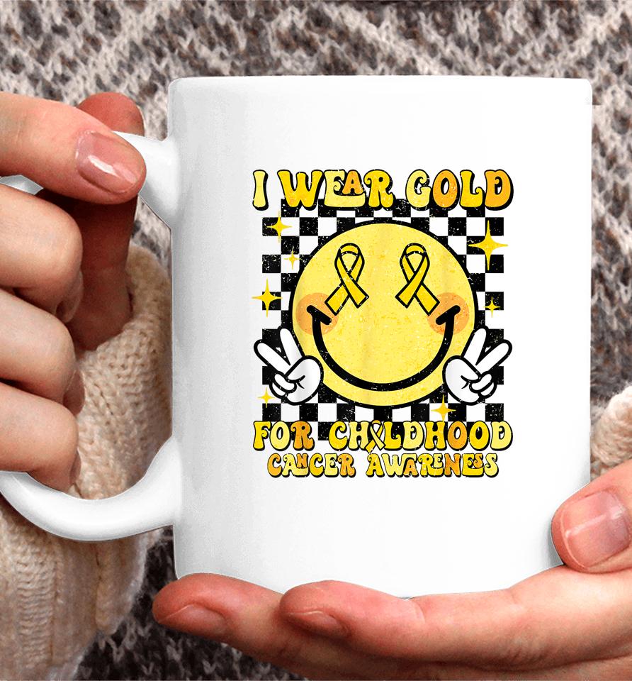 I Wear Gold For Childhood Cancer Awareness Smile Face Groovy Coffee Mug