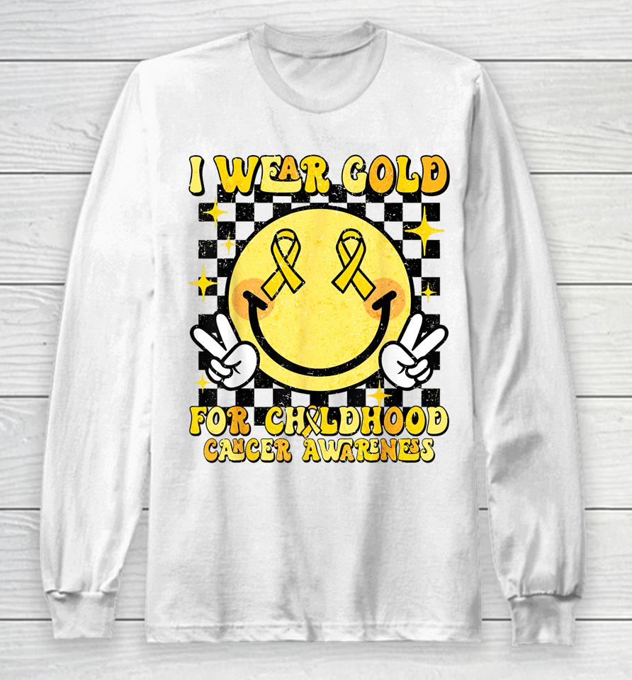 I Wear Gold For Childhood Cancer Awareness Smile Face Groovy Long Sleeve T-Shirt