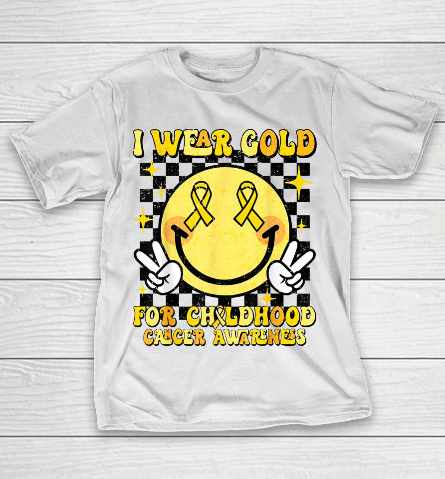 I Wear Gold For Childhood Cancer Awareness Smile Face Groovy T-Shirt