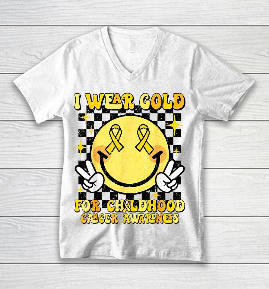 I Wear Gold For Childhood Cancer Awareness Smile Face Groovy Unisex V-Neck T-Shirt