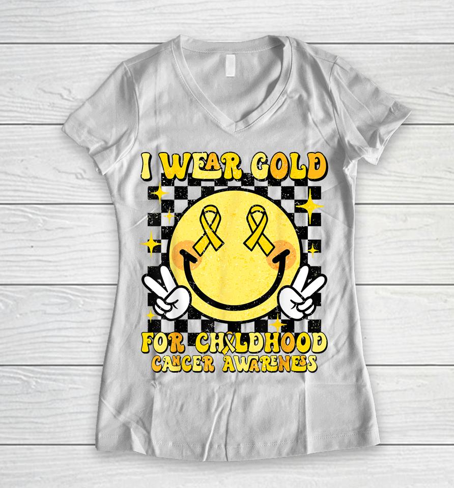 I Wear Gold For Childhood Cancer Awareness Smile Face Groovy Women V-Neck T-Shirt