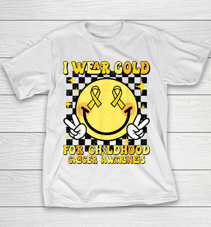 I Wear Gold For Childhood Cancer Awareness Smile Face Groovy Youth T-Shirt