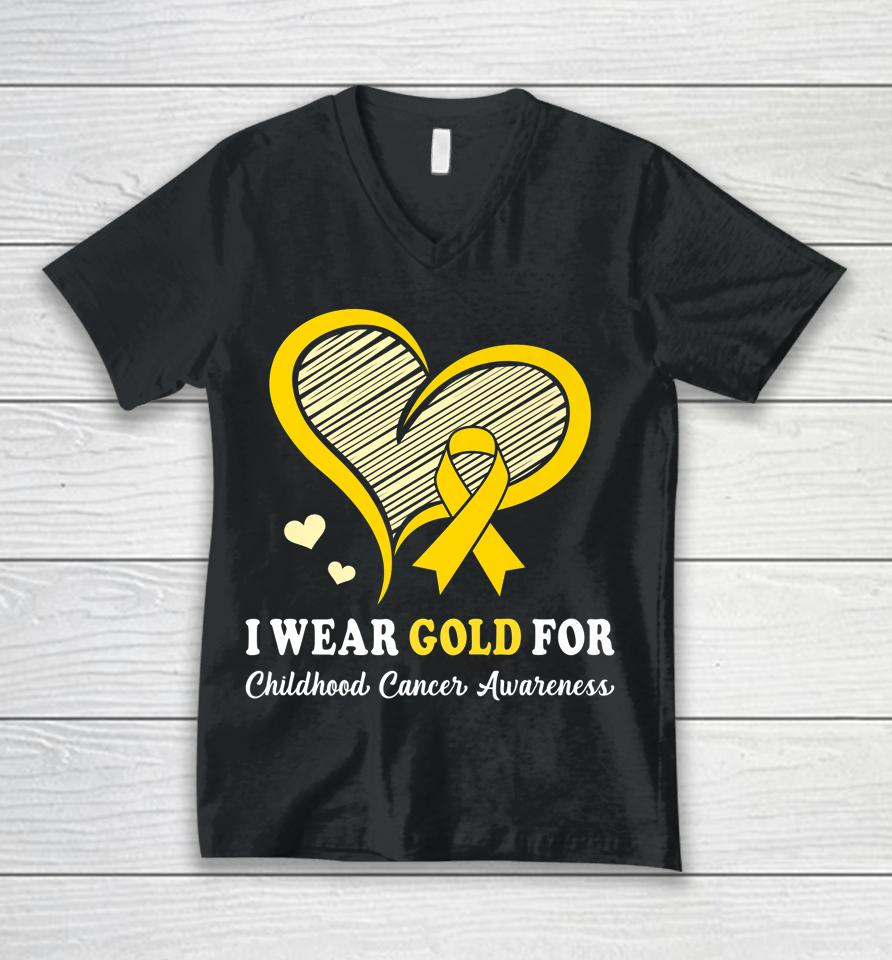 I Wear Gold For Childhood Cancer Hope And Support Cute Heart Unisex V-Neck T-Shirt