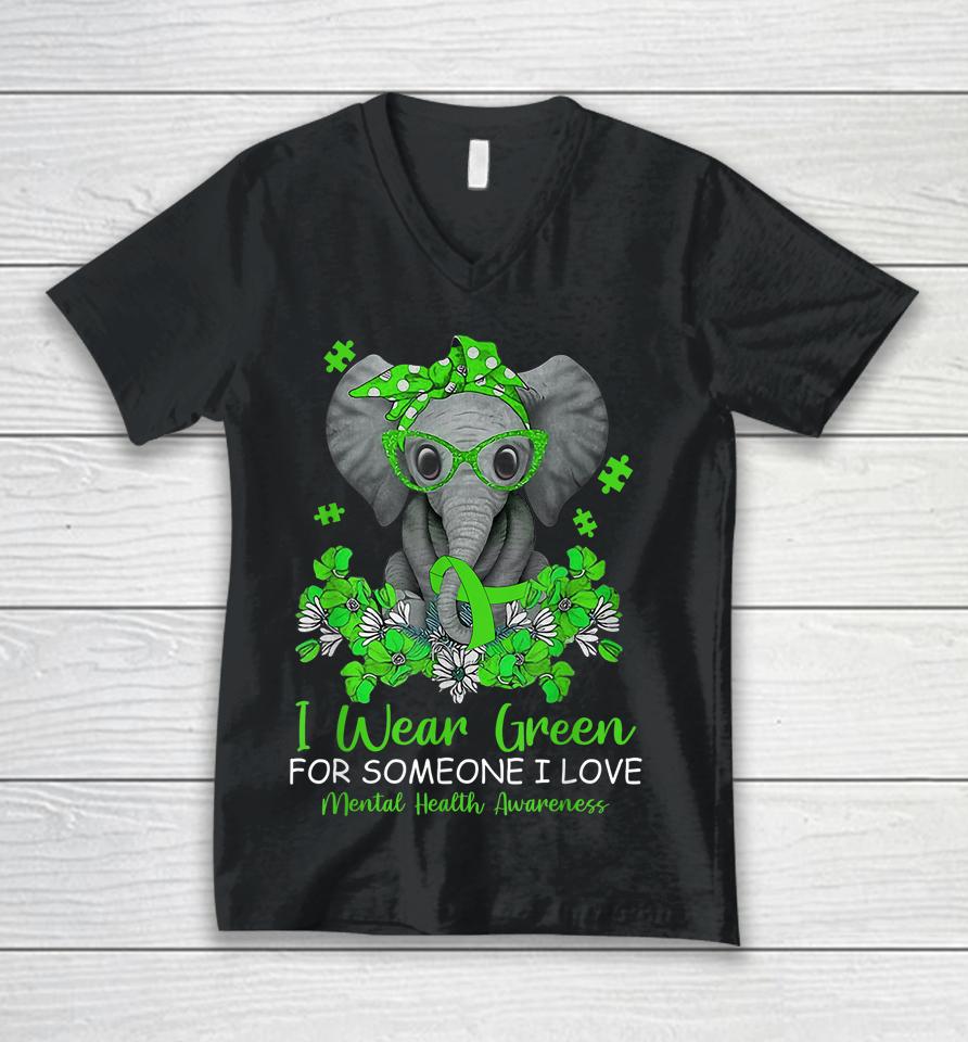 I Wear Green For Mental Health Awareness Ribbon Elephant Unisex V-Neck T-Shirt