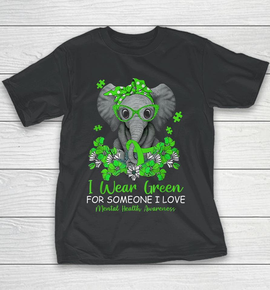 I Wear Green For Mental Health Awareness Ribbon Elephant Youth T-Shirt