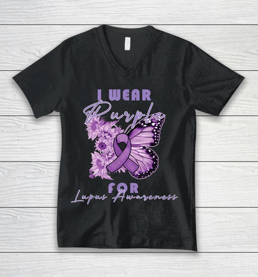 I Wear Purple For Lupus Awareness Butterfly May Month Unisex V-Neck T-Shirt