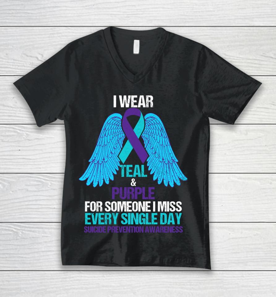 I Wear Teal And Purple For Someone Suicide Prevention Unisex V-Neck T-Shirt