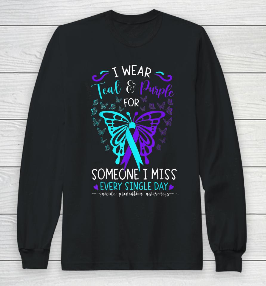 I Wear Teal And Purple Suicide Awareness Butterfly Support Long Sleeve T-Shirt