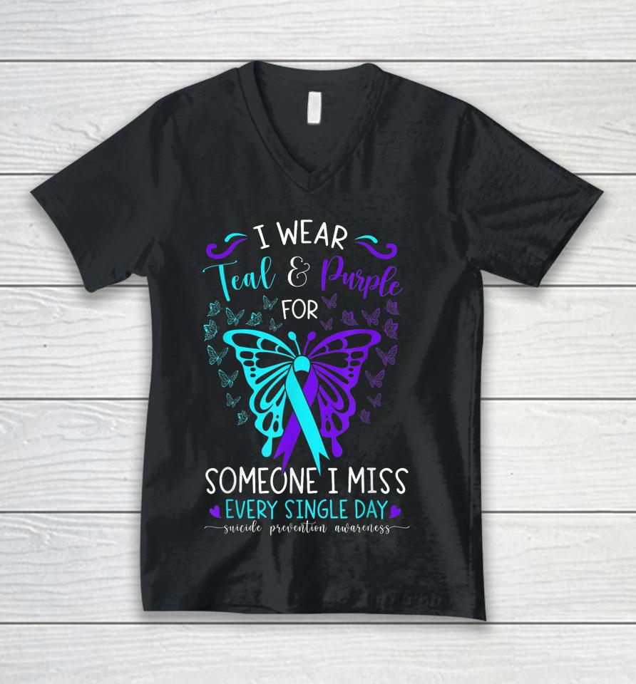 I Wear Teal And Purple Suicide Awareness Butterfly Support Unisex V-Neck T-Shirt