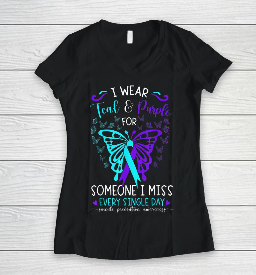 I Wear Teal And Purple Suicide Awareness Butterfly Support Women V-Neck T-Shirt