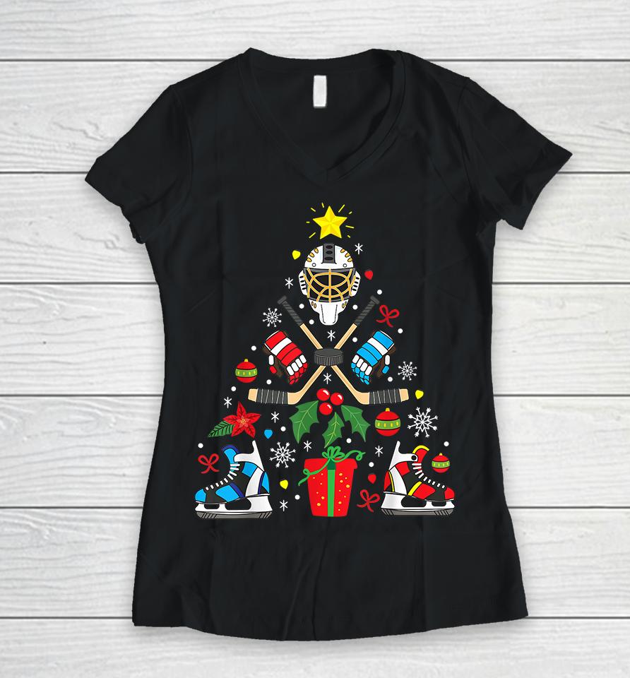 Ice Hockey Christmas Ornament Tree Women V-Neck T-Shirt
