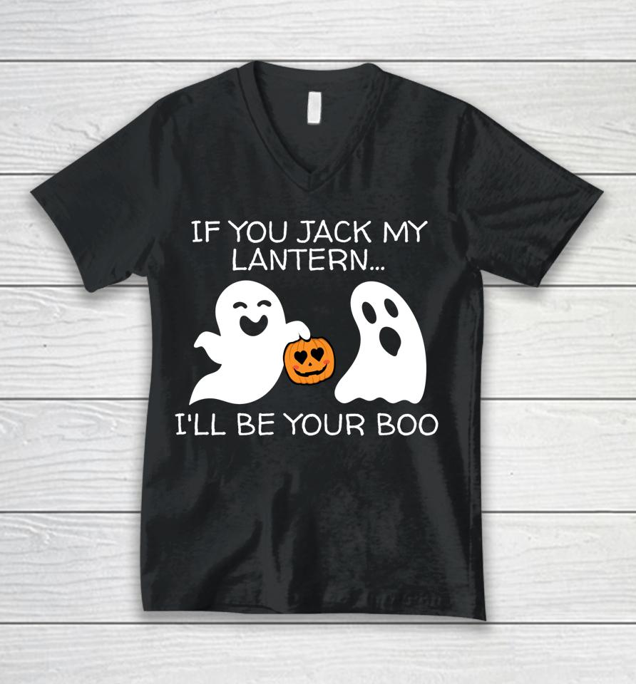 If You Jack My Lantern I'll Be Your Boo T Shirt Halloween Adult Ghost And Jack-O-Lantern Unisex V-Neck T-Shirt