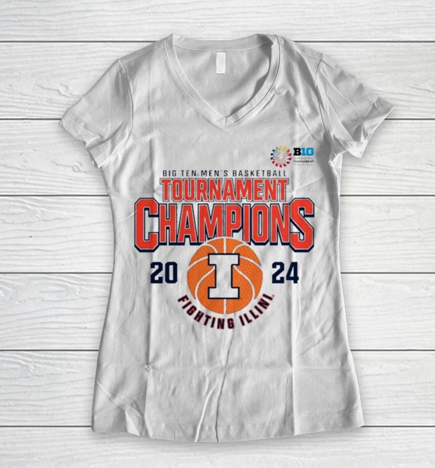 Illinois Fighting Illini 2024 Big Ten Men’s Basketball Conference Tournament Champions Women V-Neck T-Shirt