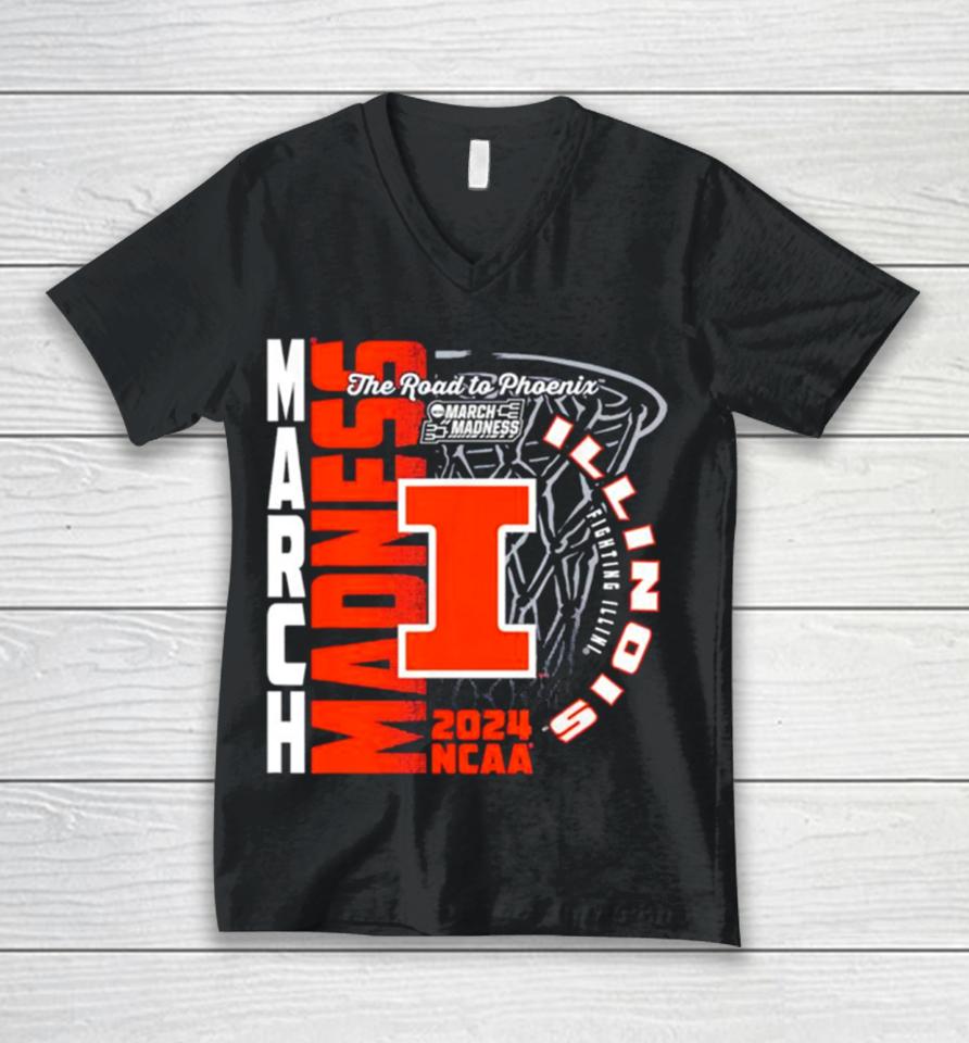 Illinois Fighting Illini 2024 Ncaa Basketball The Road To Phoenix March Madness Unisex V-Neck T-Shirt