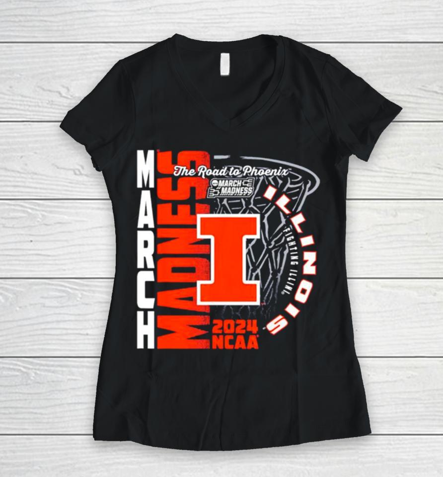 Illinois Fighting Illini 2024 Ncaa Basketball The Road To Phoenix March Madness Women V-Neck T-Shirt