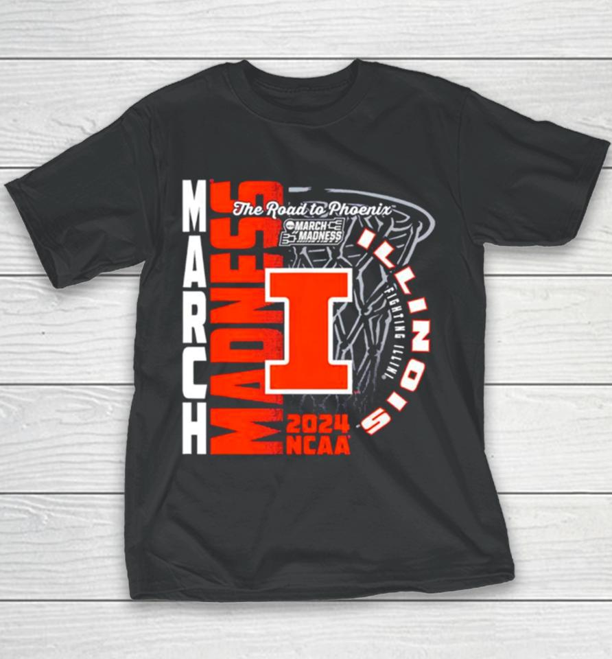 Illinois Fighting Illini 2024 Ncaa Basketball The Road To Phoenix March Madness Youth T-Shirt