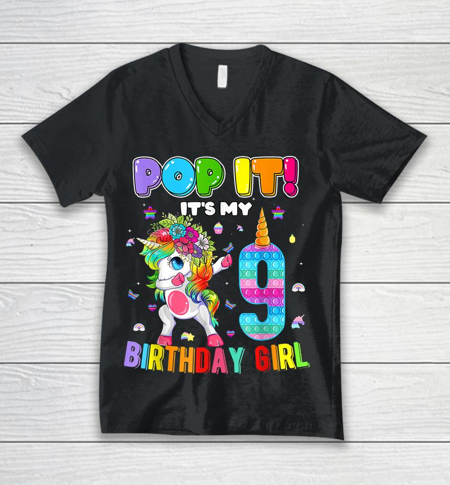 I'm 9 Years Old 9Th Birthday Unicorn Dabbing Girls Pop It Unisex V-Neck T-Shirt