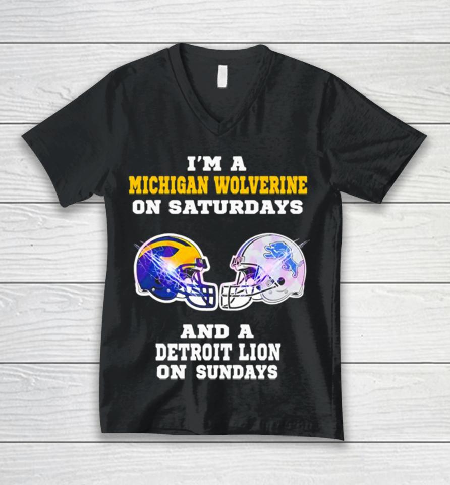 I’m A Michigan Wolverine On Saturdays And A Detroit Lions On Sundays Helmet Unisex V-Neck T-Shirt
