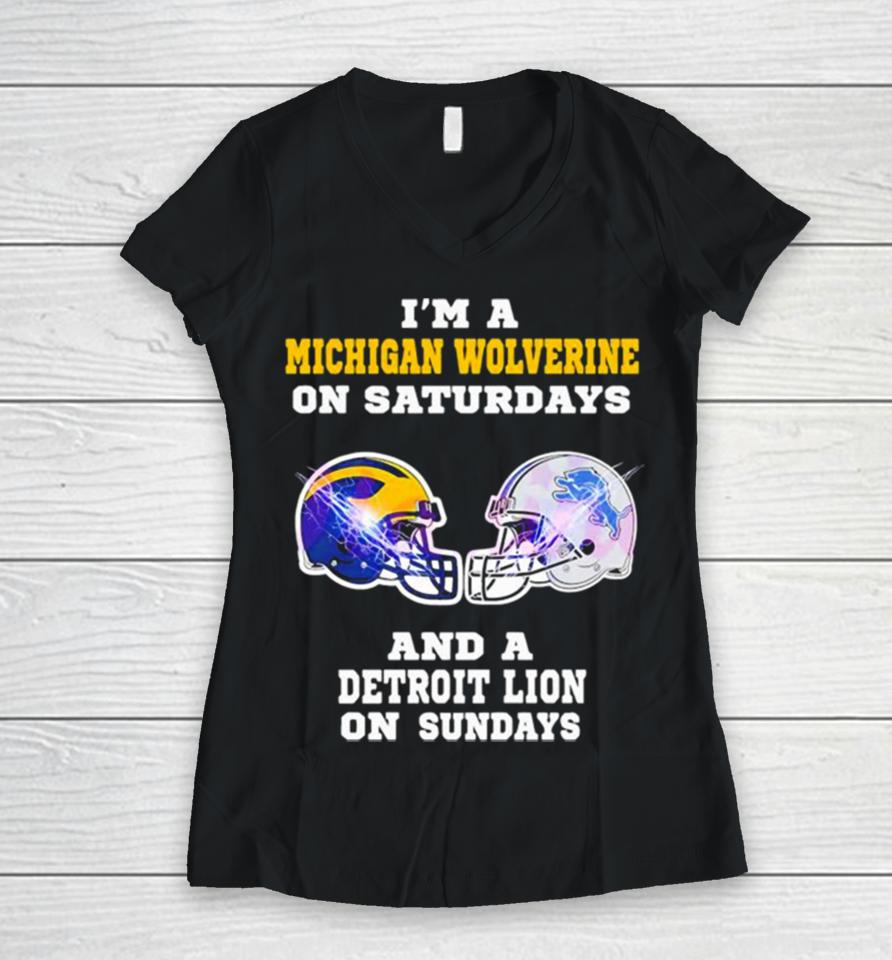 I’m A Michigan Wolverine On Saturdays And A Detroit Lions On Sundays Helmet Women V-Neck T-Shirt