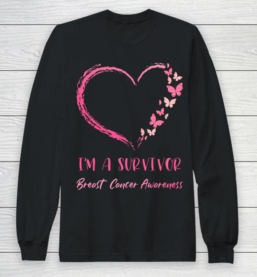 I'm A Survivor Breast Cancer Awareness Heart Butterflies Long Sleeve T-Shirt