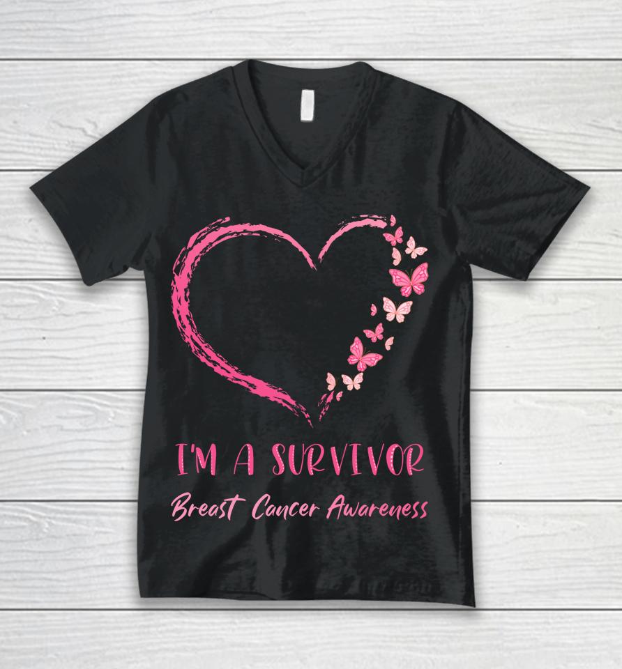 I'm A Survivor Breast Cancer Awareness Heart Butterflies Unisex V-Neck T-Shirt