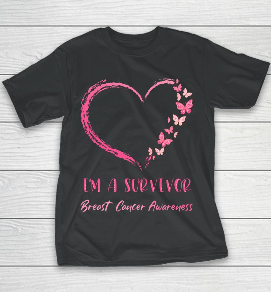 I'm A Survivor Breast Cancer Awareness Heart Butterflies Youth T-Shirt