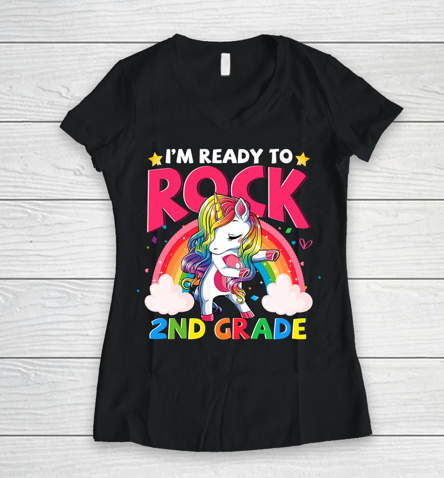I'm Ready To Rock 2Nd Grade Unicorn Girls Back To School Women V-Neck T-Shirt