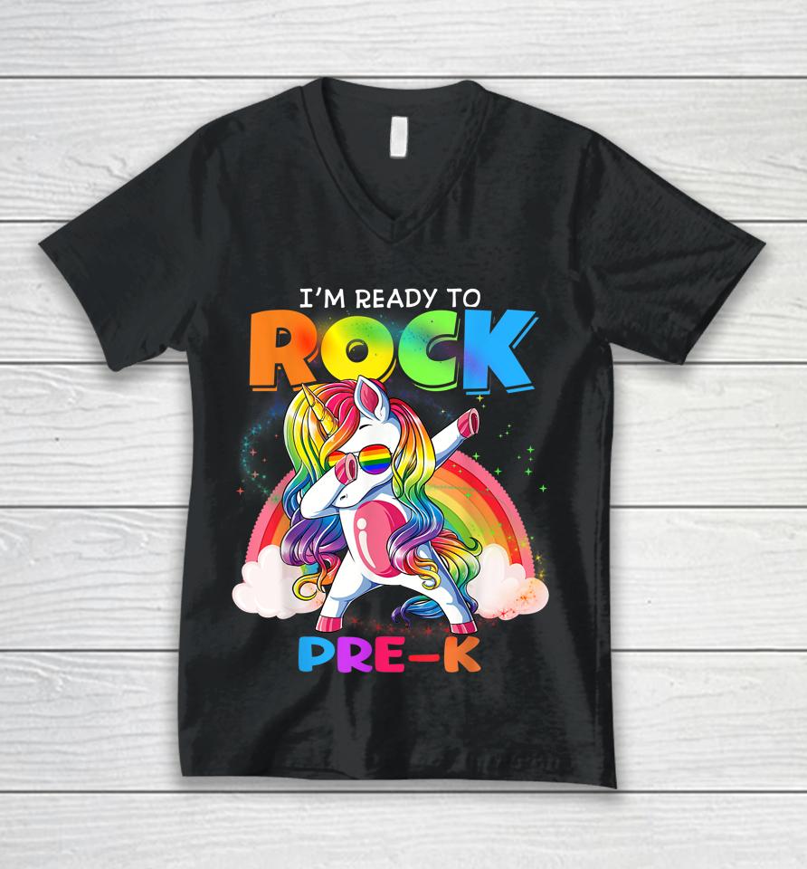 I'm Ready To Rock Pre-K Unicorn Back To School Boys Girls Unisex V-Neck T-Shirt