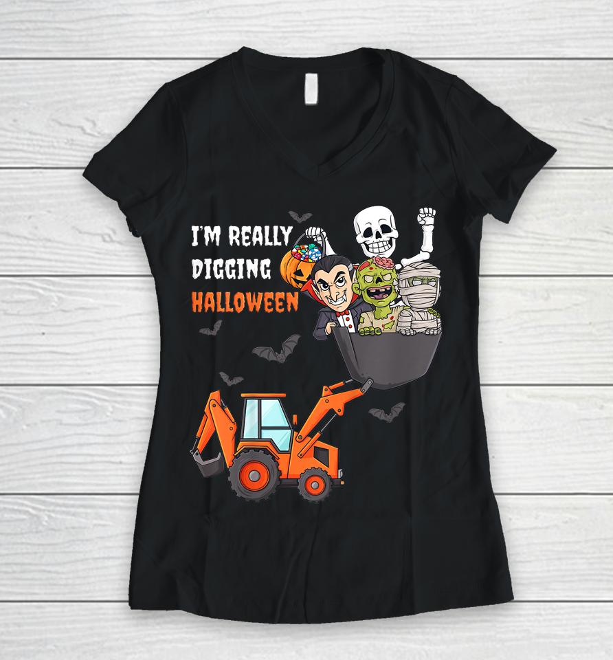 I'm Really Digging Halloween Skeleton Zombie Women V-Neck T-Shirt
