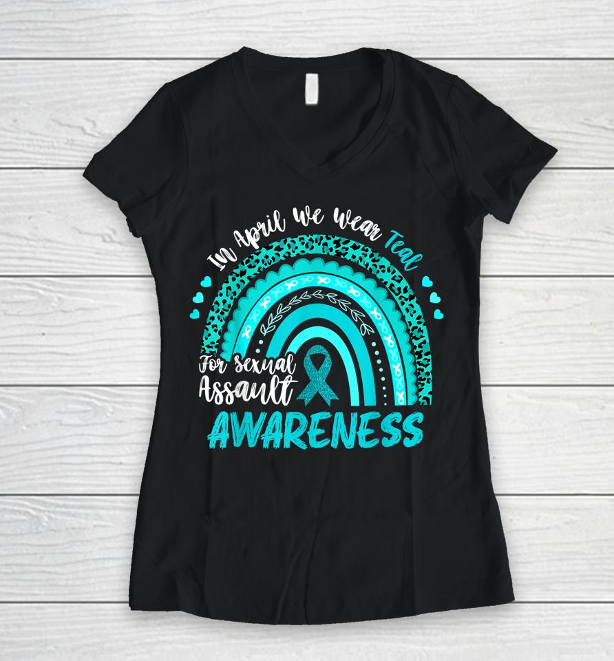 In April We Wear Teal Sexual Assault Awareness Boho Rainbow Women V-Neck T-Shirt