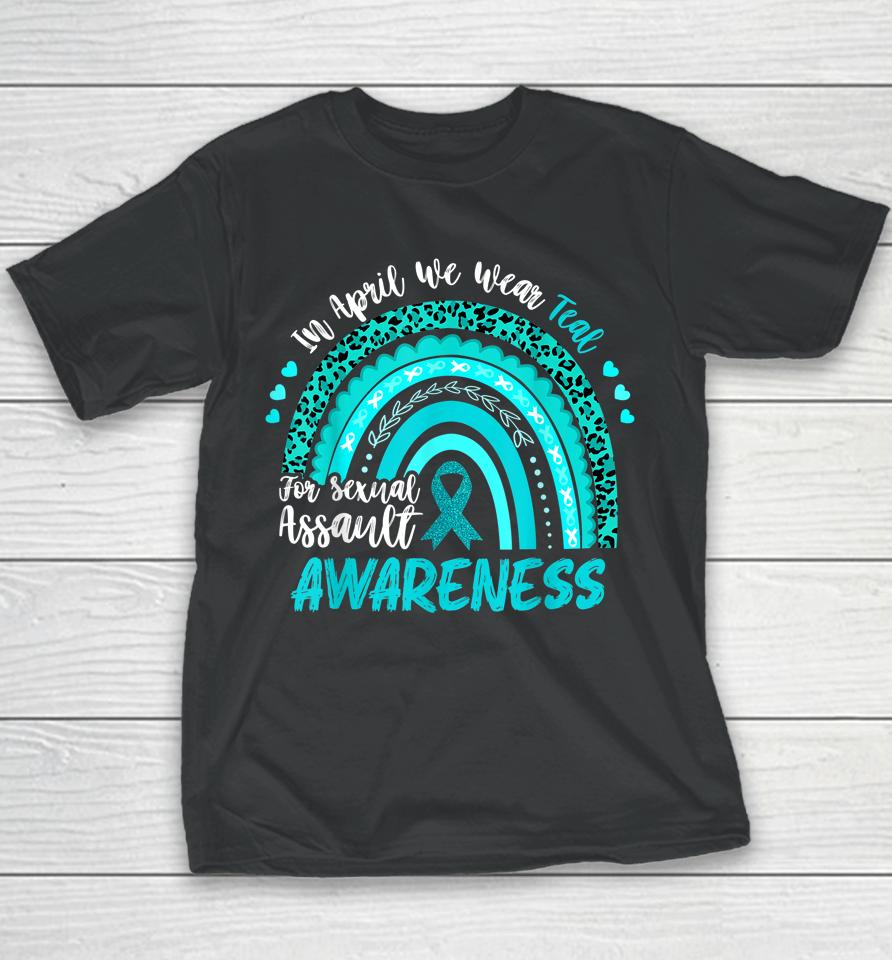 In April We Wear Teal Sexual Assault Awareness Boho Rainbow Youth T-Shirt