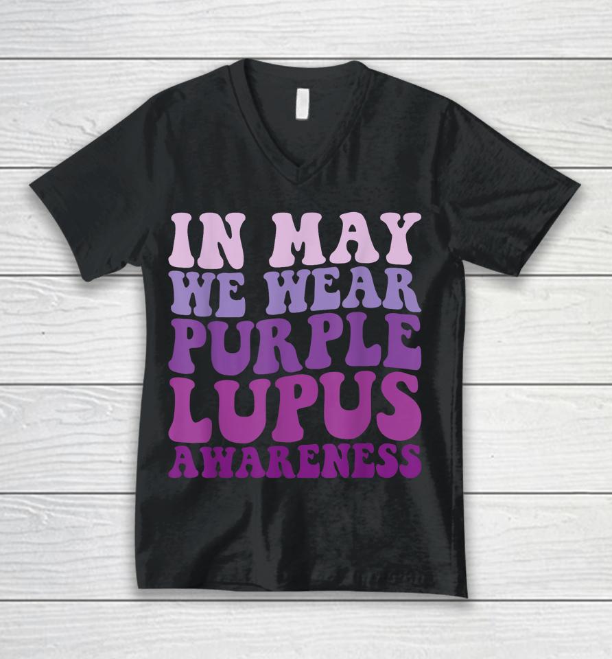 In May We Wear Purple Lupus Awareness Month Groovy Unisex V-Neck T-Shirt