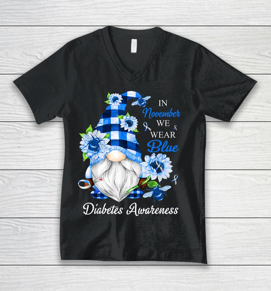 In November We Wear Blue Gnomes Diabetes Awareness Unisex V-Neck T-Shirt